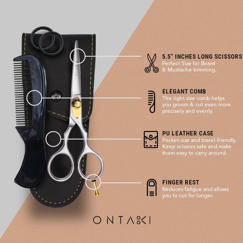 Ontaki Japanese Steel Beard & Hair Shears - 5.5 in, Silver - Precision Sharp Blades for Hair Scissors - Rounded Tips for Mustache Scissors - Ergonomic Finger Rest & Adjustable Tension for Beard Shears - Image 5